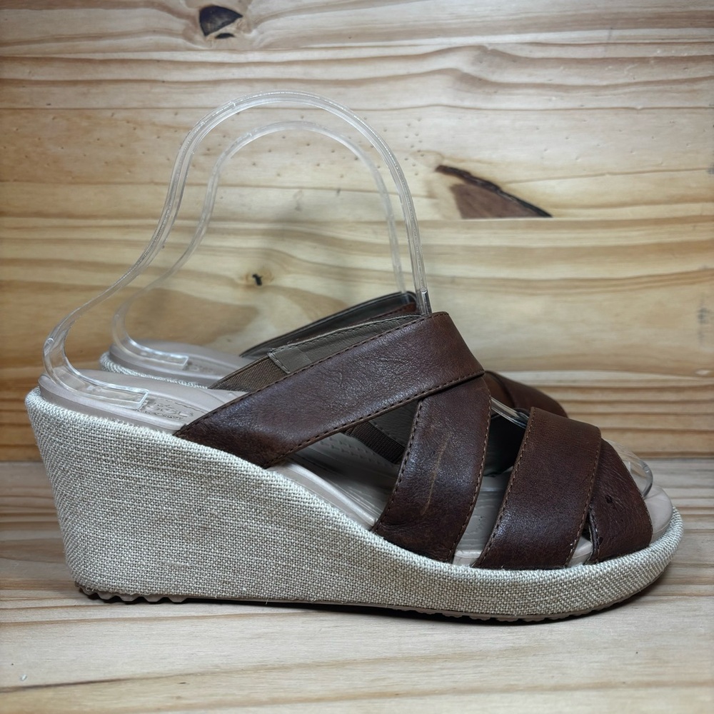 Crocs A-Leigh Strappy Wedge Brown Leather & Beige Linen Mule Sandal Women’s SZ 7